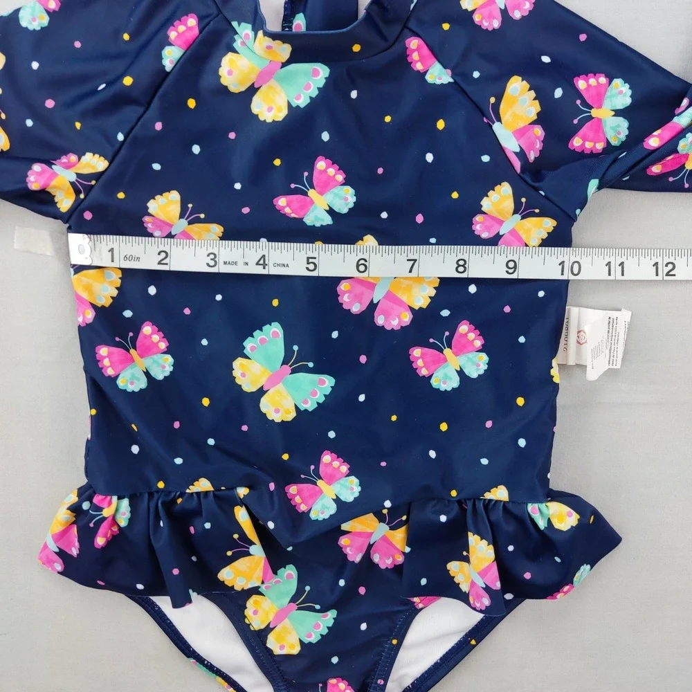 Bonverano Swimsuit Girls 5Y Navy Butterfly Long Sleeve Rash Guard Ruffle 1-Piece